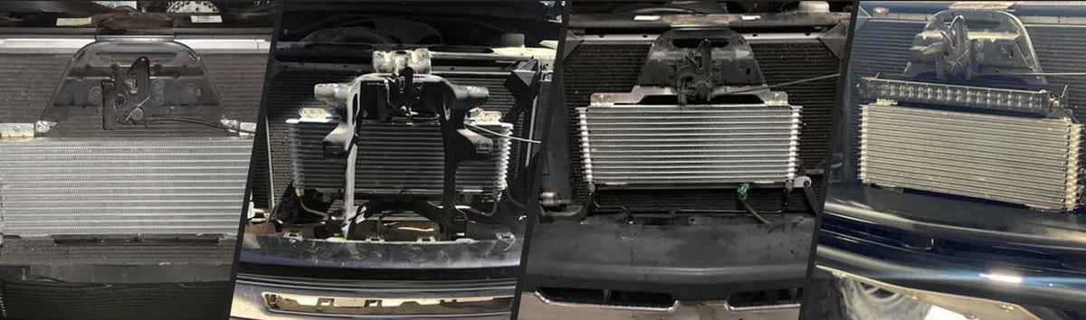Multiple finned transmission oil coolers installed in an engine bay
