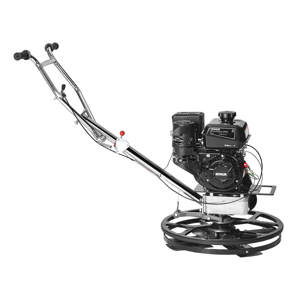 Side view of gas walk-behind cement trowel with round float pan and control housing