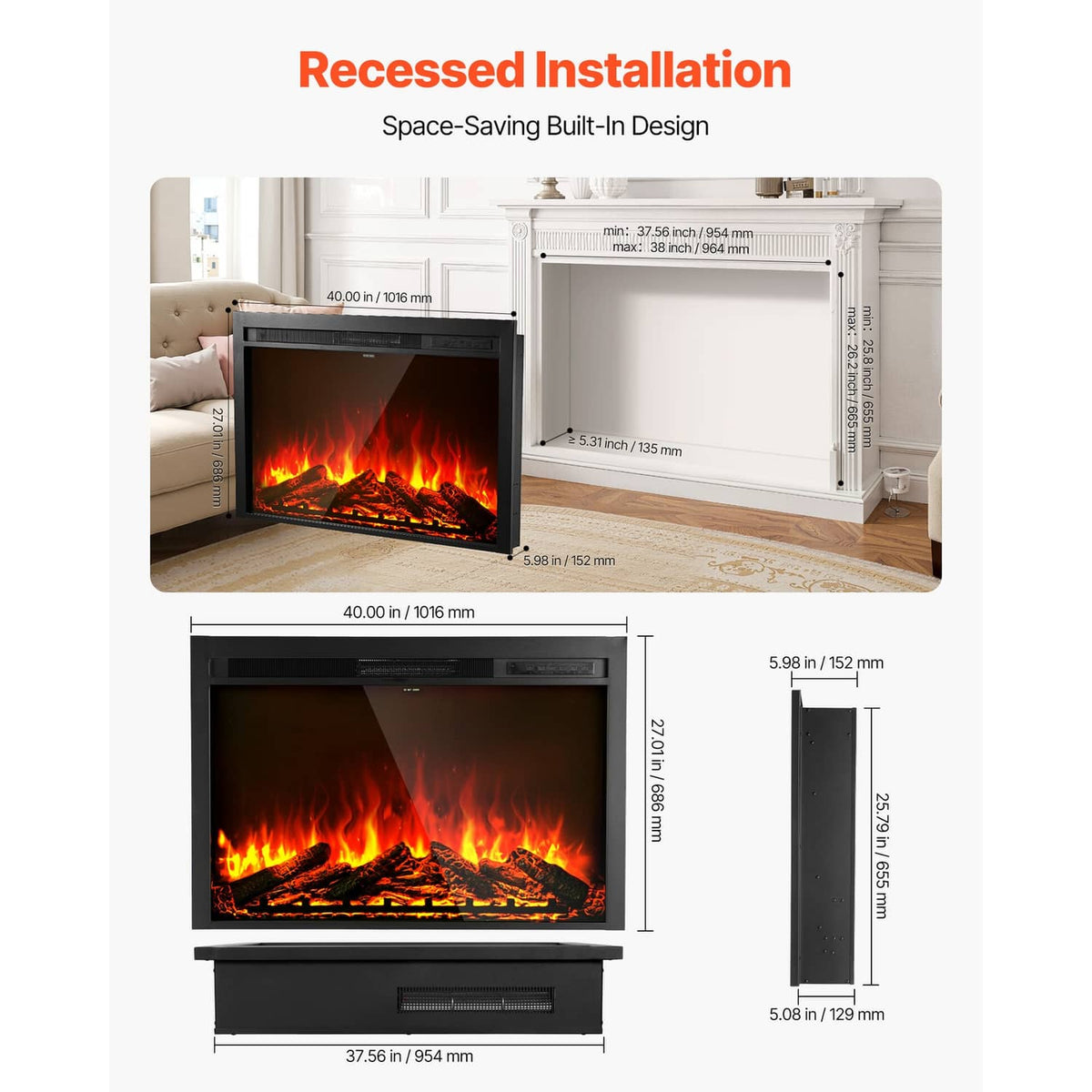 Recessed electric fireplace insert with black frame and built-in installation diagram