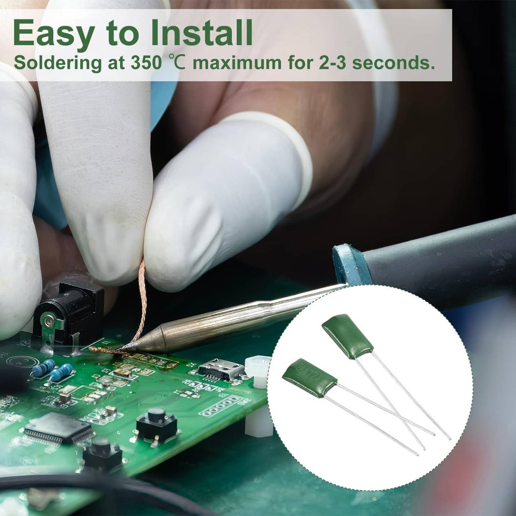 Green film capacitor being soldered to a green PCB with silver leads