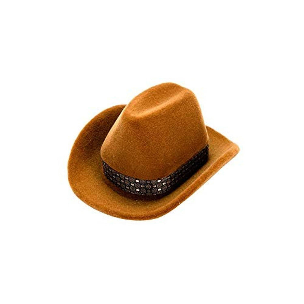Brown velvet cowboy hat jewelry box with dark beaded band and closed top