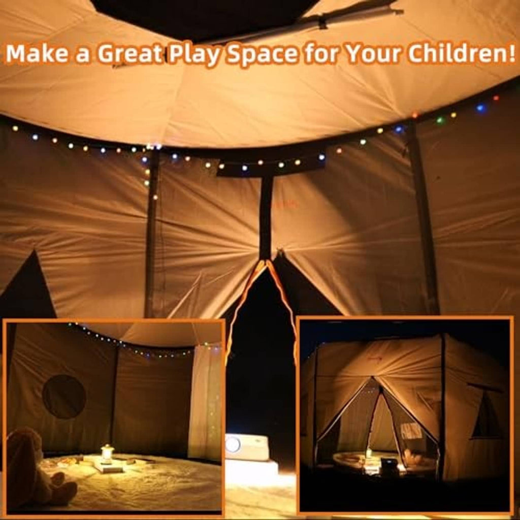 Beige trampoline tent interior with arched doorway panels and string lights