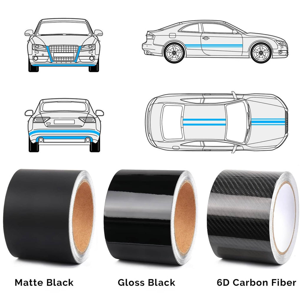 Vinyl wrap roll options showing matte black, gloss black, and 6D carbon fiber