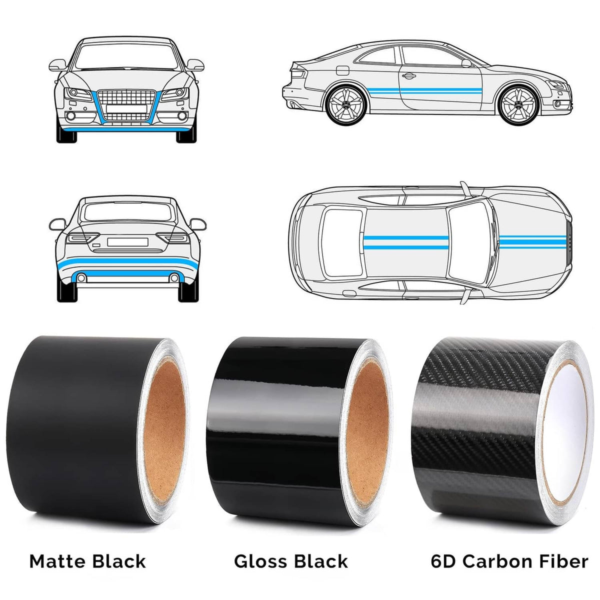 Vinyl wrap roll options showing matte black, gloss black, and 6D carbon fiber