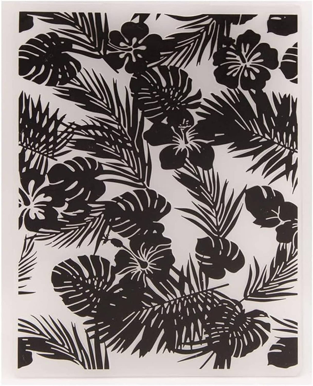 Square black floral foliage embossing folder panel with hibiscus and tropical leaves