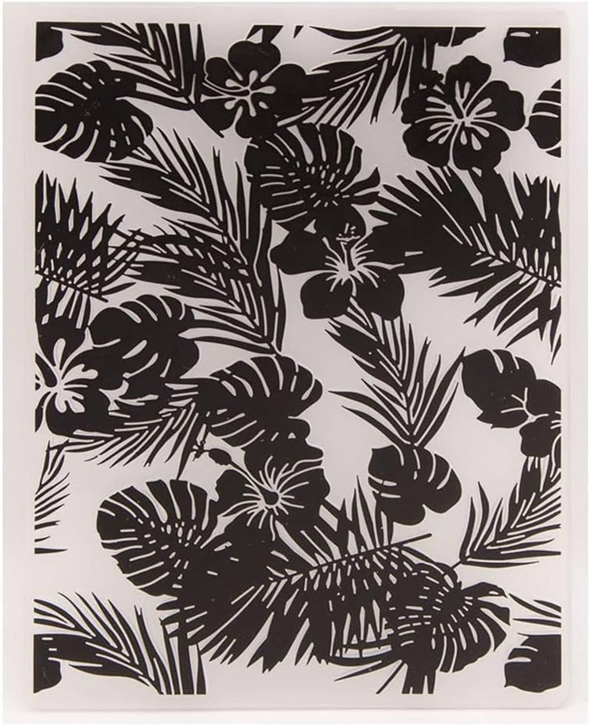Square black floral foliage embossing folder panel with hibiscus and tropical leaves