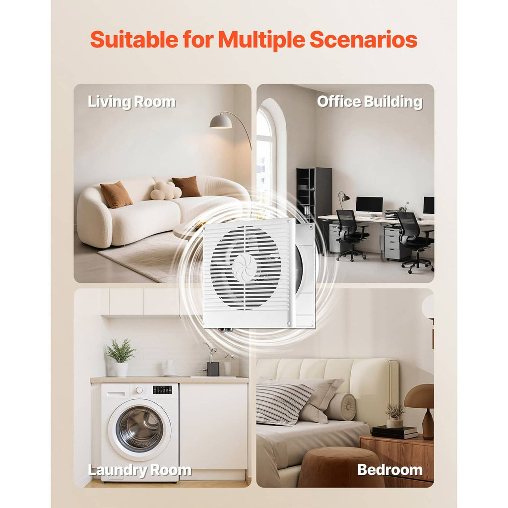 Wall-mounted ventilation fan on the wall with multi-directional blue airflow lines