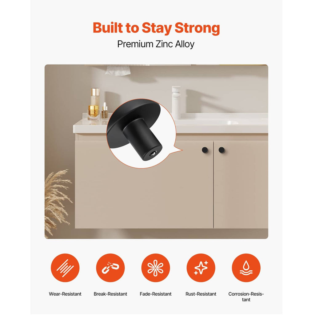 Black cabinet drawer knob set shown mounted on a cabinet door, mushroom style.