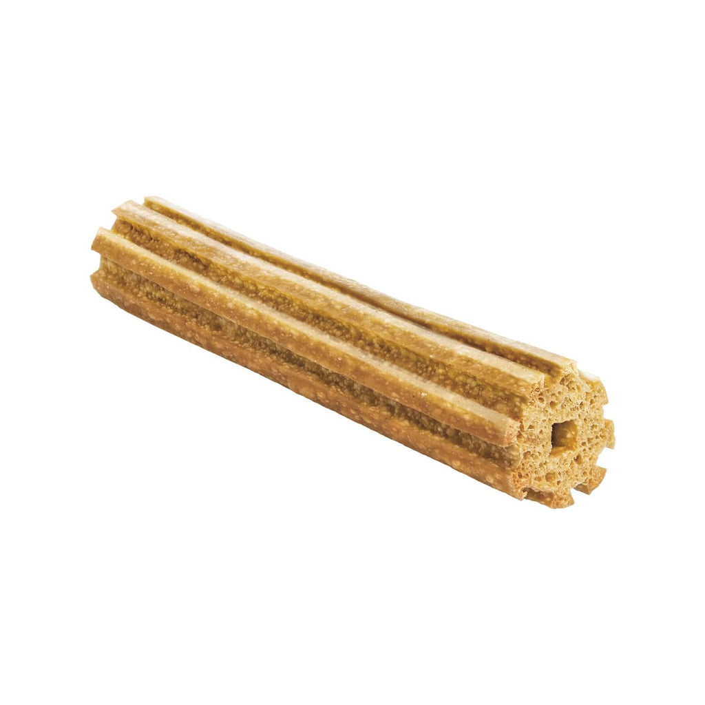 Large dog dental chew sticks, ridged brown-gold texture