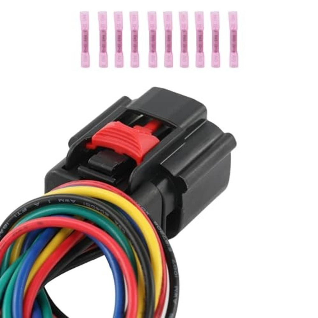 Inline sensor wiring connector with red latch, bundled color wires and pink terminals