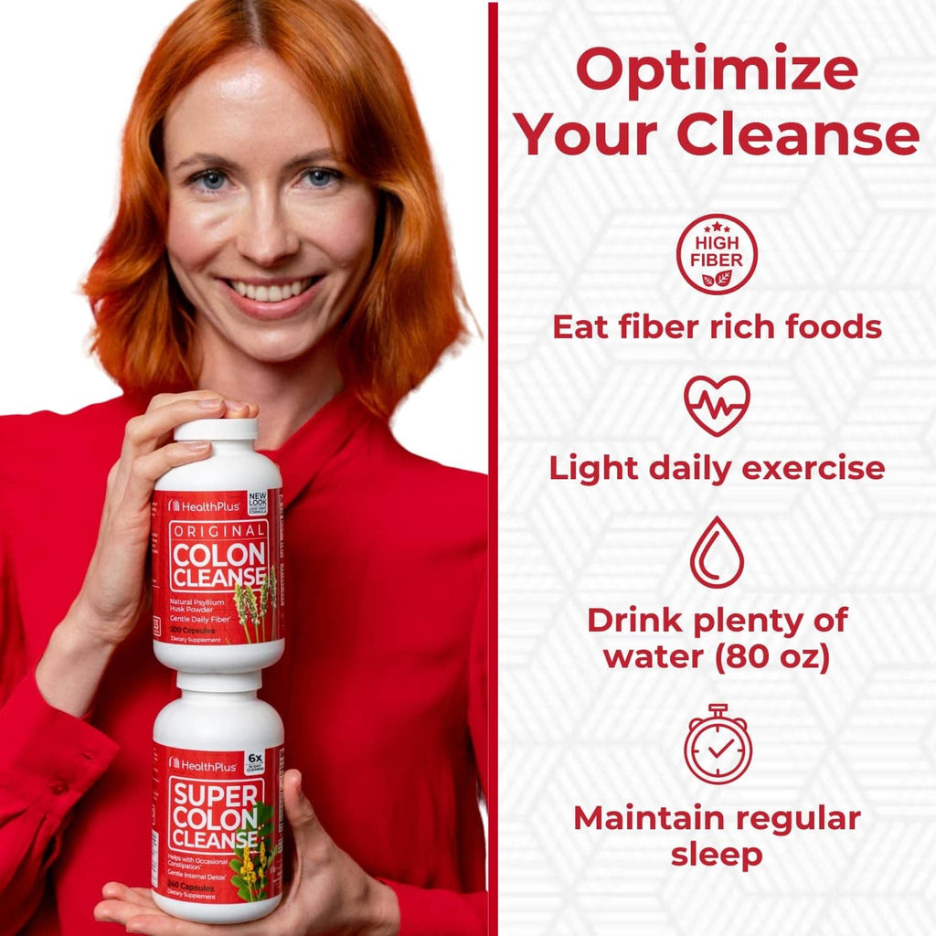 Woman holding a red-labeled colon cleanse supplement bottle for an optimized cleanse
