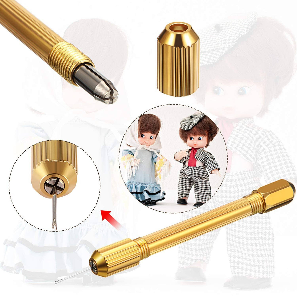 Gold doll hair rooting needle tool with detachable cap and needle tip