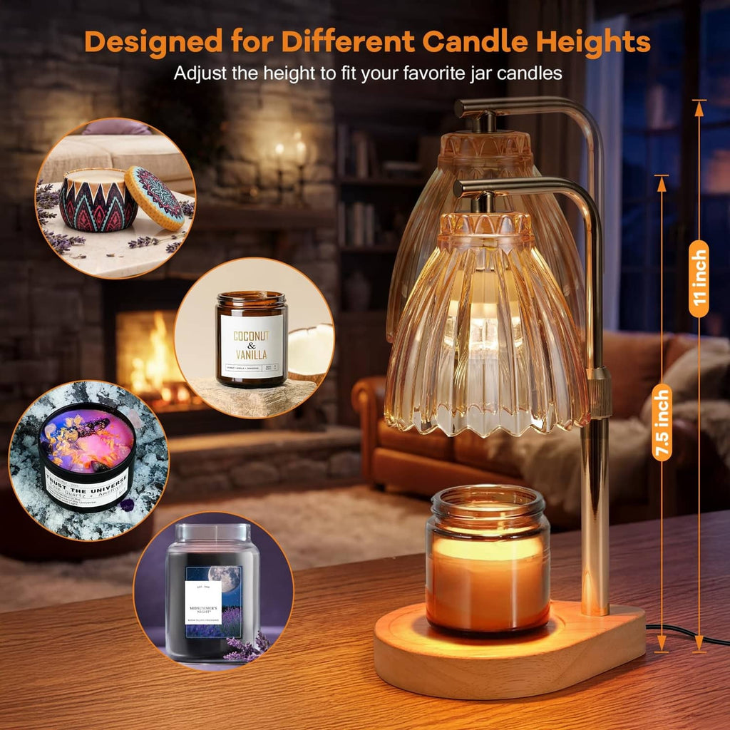 Adjustable amber glass candle warmer lamp on gold-tone stand with lit jar candle