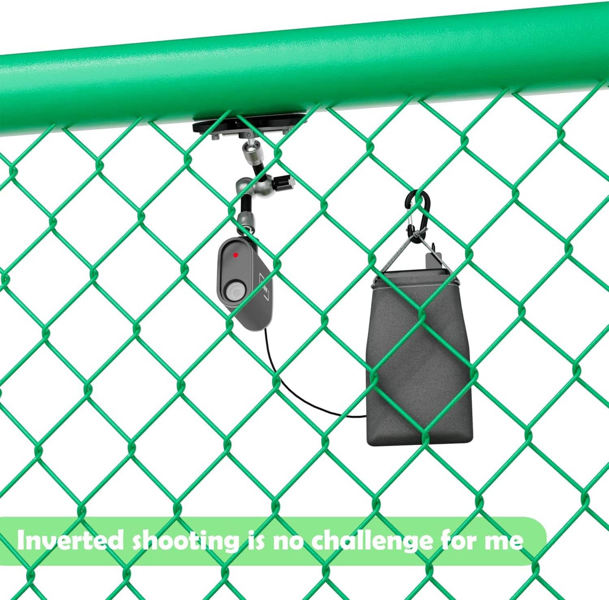 Magnetic phone fence mount components on fence, including magnetic clamp and power pouch