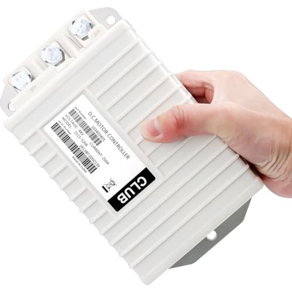 White DC motor controller unit with side screw terminals and label, angled close-up