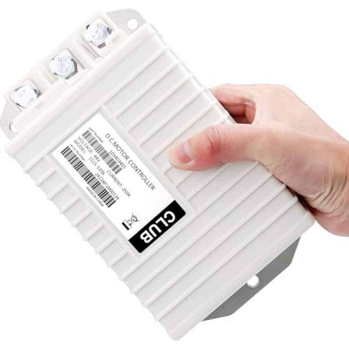White DC motor controller unit with side screw terminals and label, angled close-up