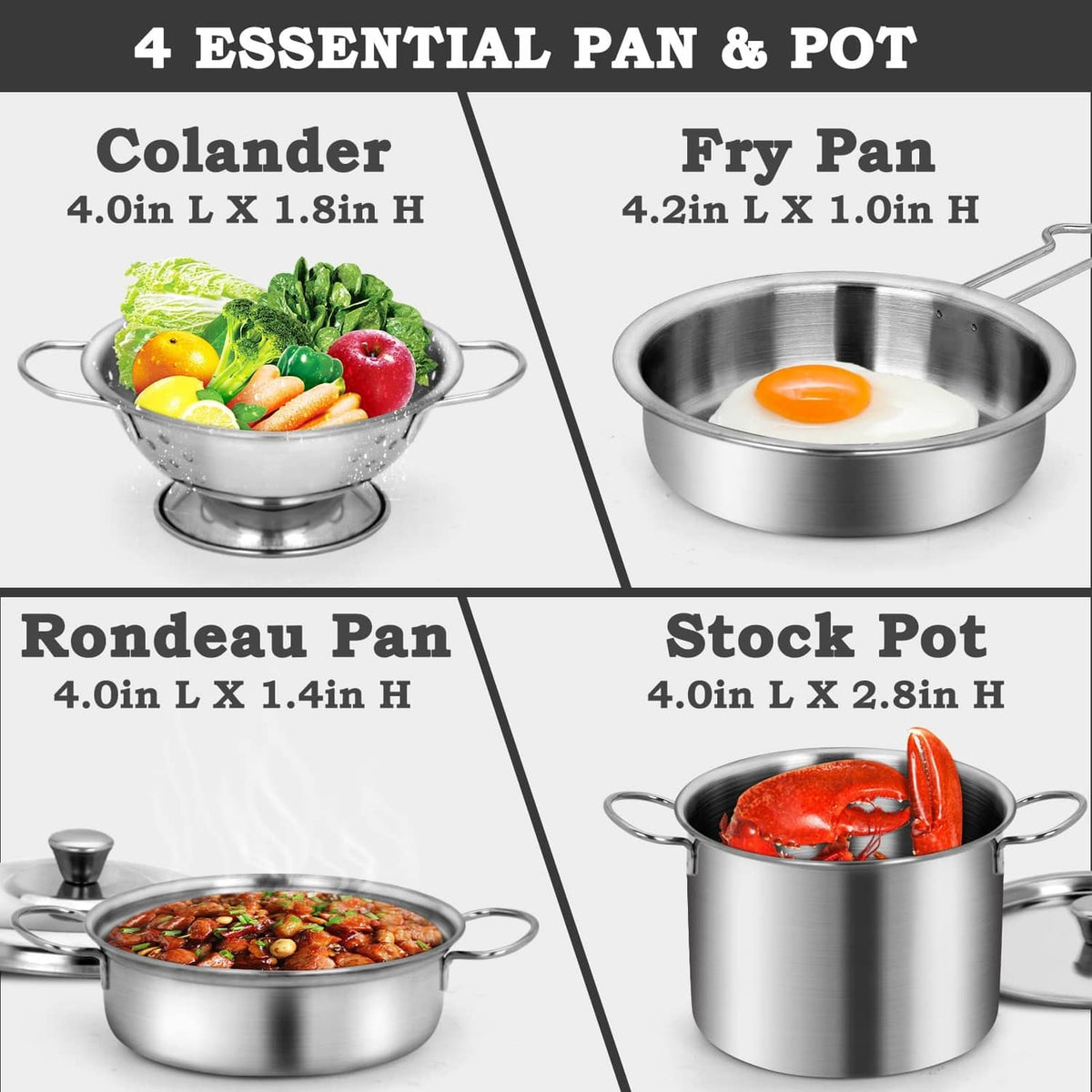 Mini pan and pot set: colander, fry pan, rondeau pan, and stock pot in silver.