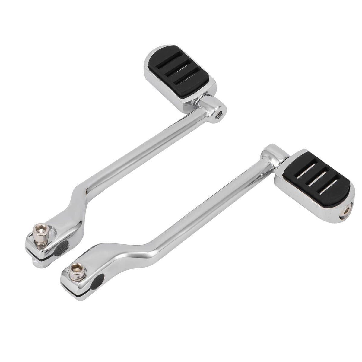 Pair of heel-toe shift levers with black rubber pads on chrome arms