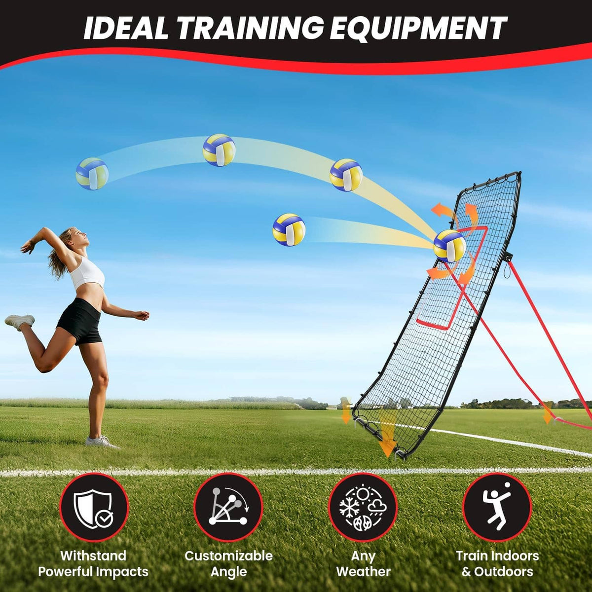 Volleyball rebounder training net with red target frame and rebound balls for practice