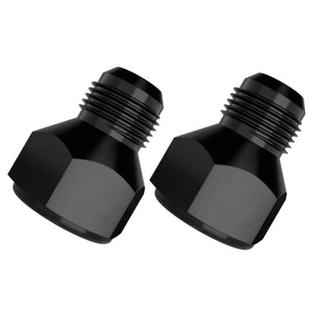 Pair of black AN flare reducer fittings, angled ends with male threads