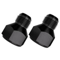 Pair of black AN flare reducer fittings, angled ends with male threads