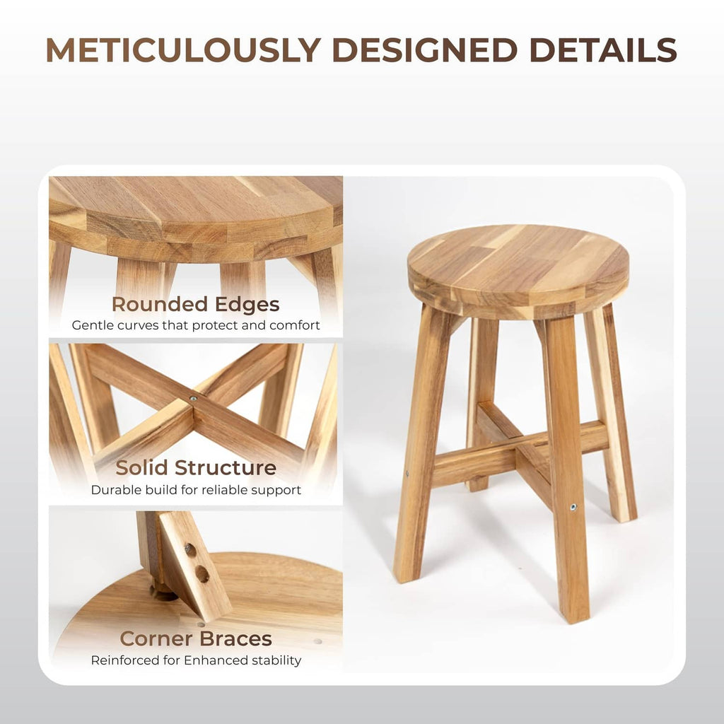 Round acacia wood stool with rounded edges and corner braces under seat
