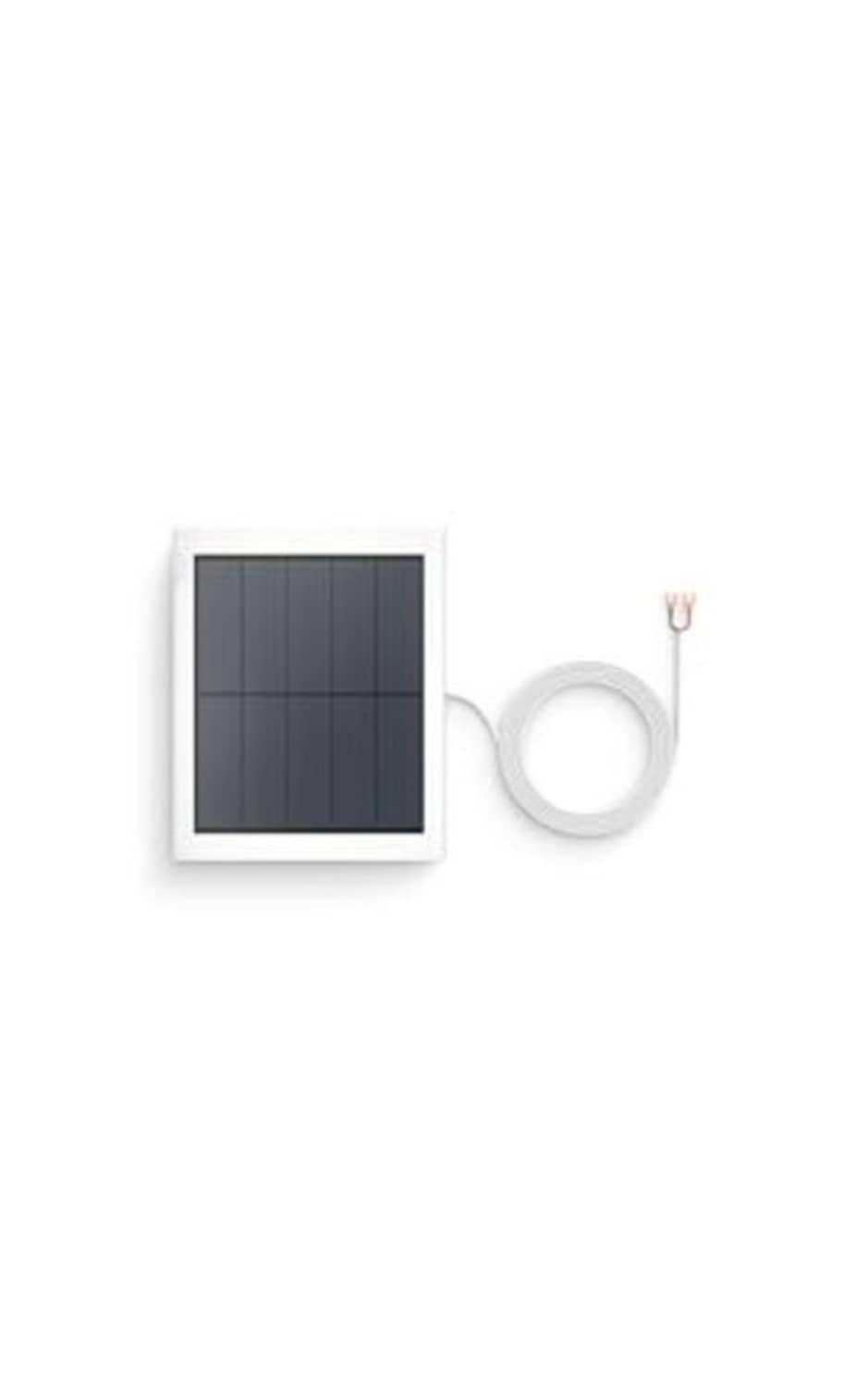 White solar panel with dark cells, white cable, and small gray connector