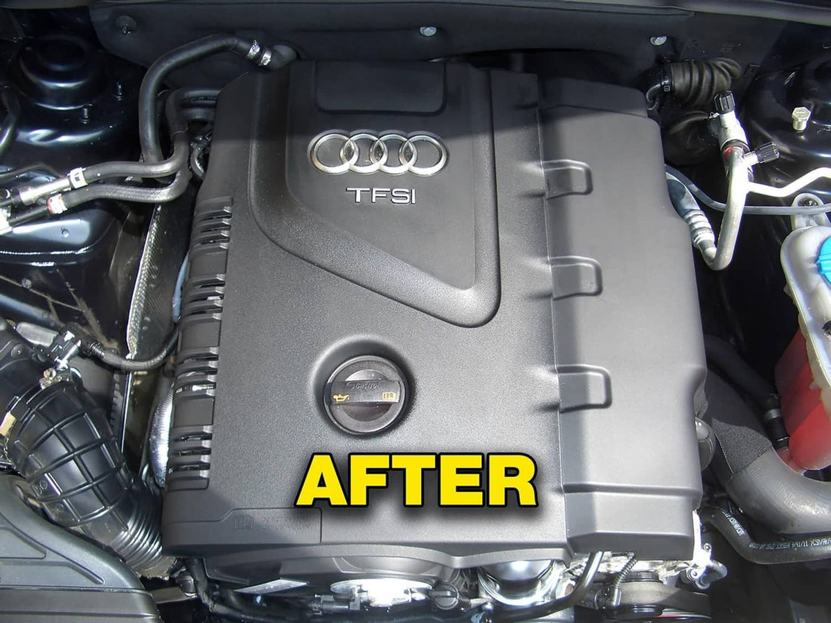 Car engine cover in bay, labeled AFTER for cleaning