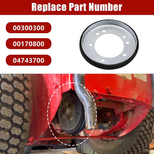 Friction drive wheel disc installed on a snow blower, silver face with black outer ring