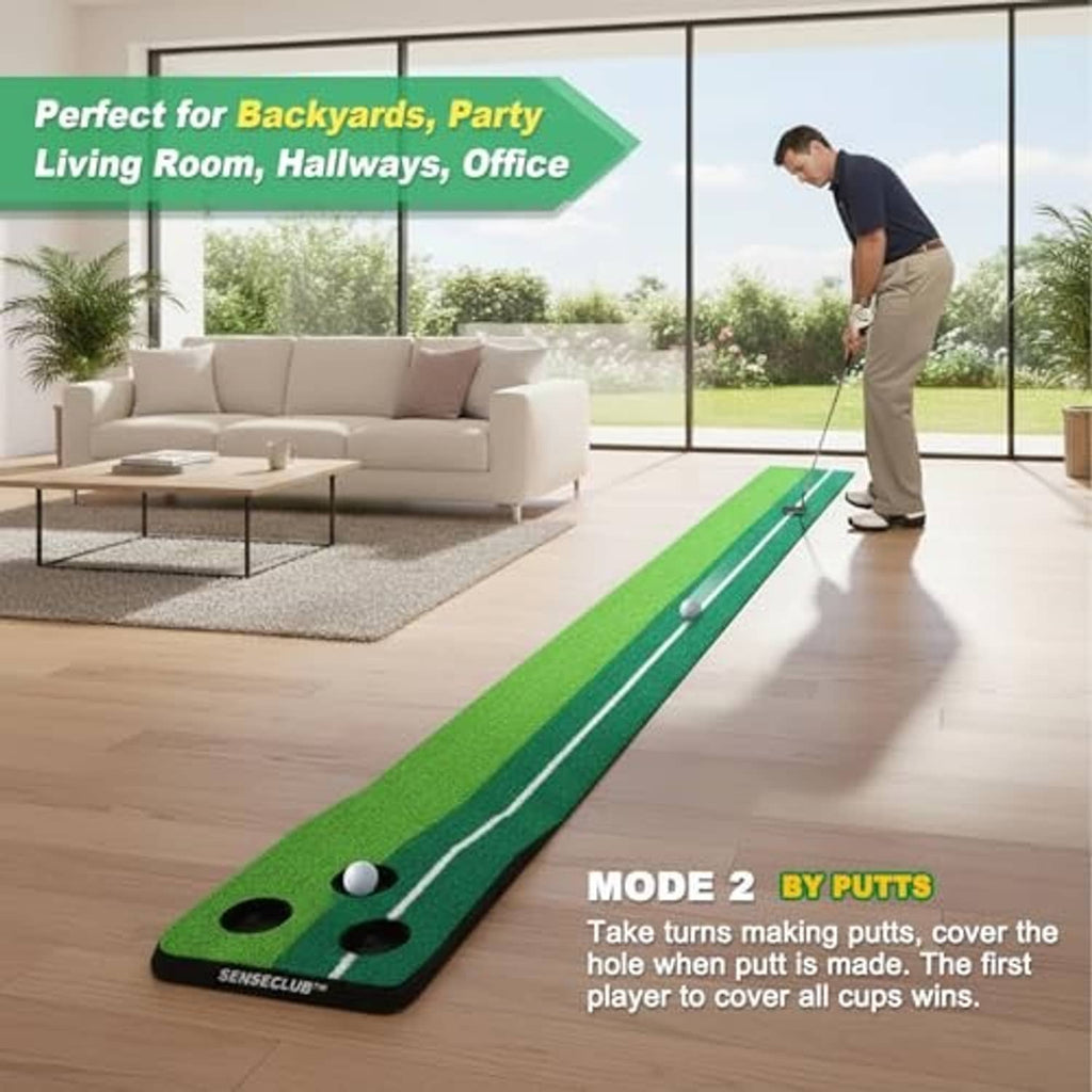 Green indoor putting green mat with ball and hole targets, golfer mid-stroke