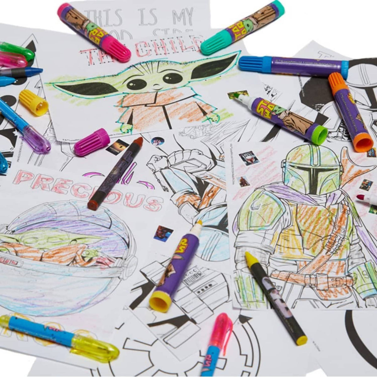 Coloring pages with Mandalorian baby Yoda line art and assorted colored markers
