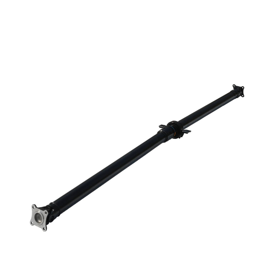 Long rear driveshaft prop shaft, black tube with center bearing support and end yoke.