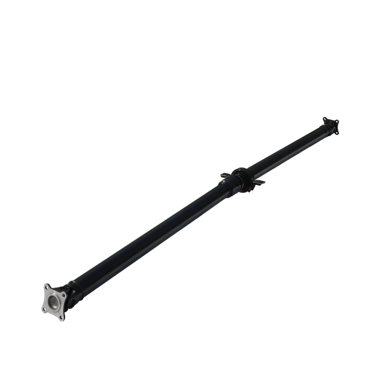 Long rear driveshaft prop shaft, black tube with center bearing support and end yoke.