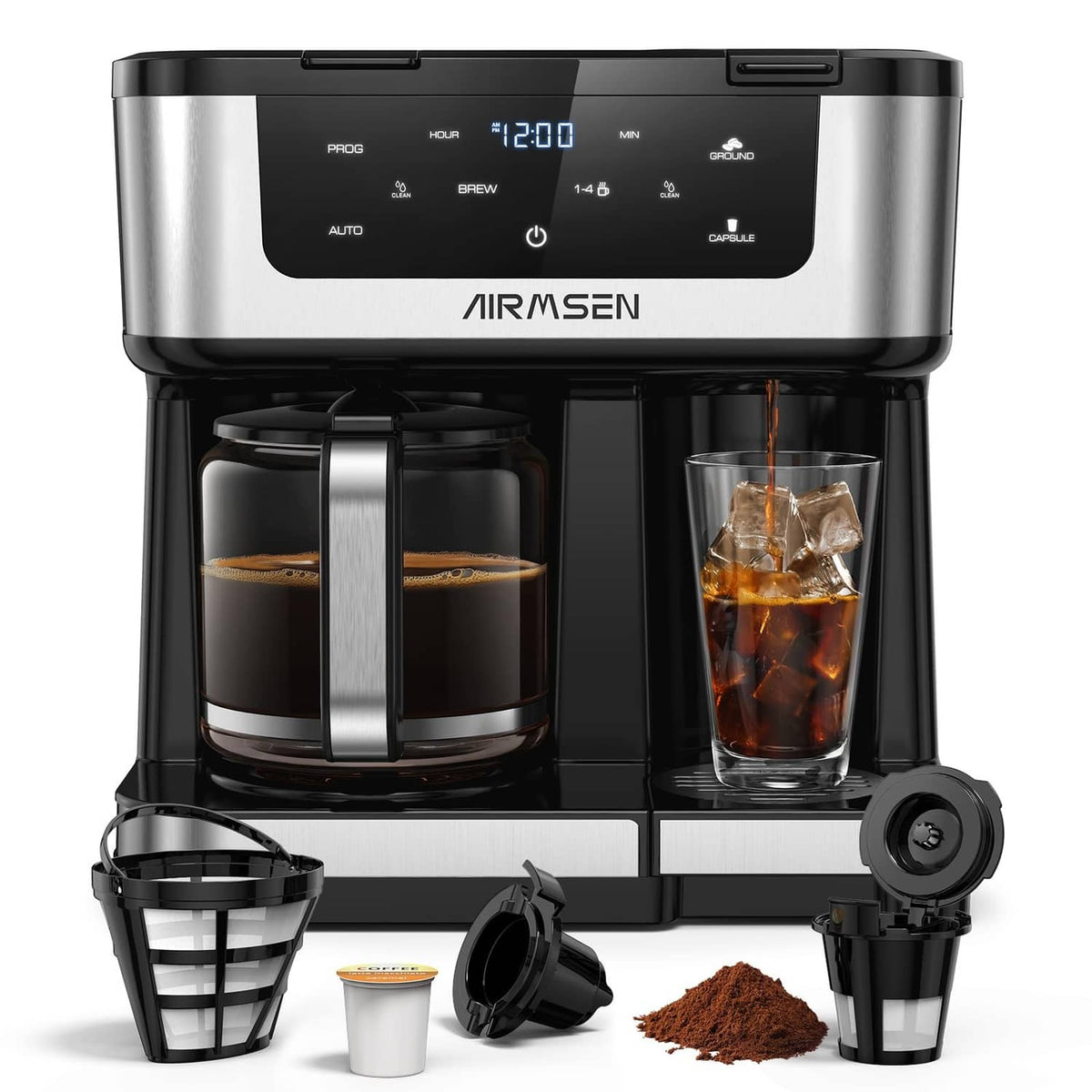 AIRMSEN dual coffee maker with two glass carafes and single-serve cup accessories