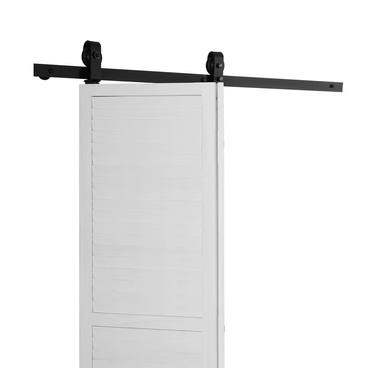 Black barn door track rail with roller hangers above a white folding door panel