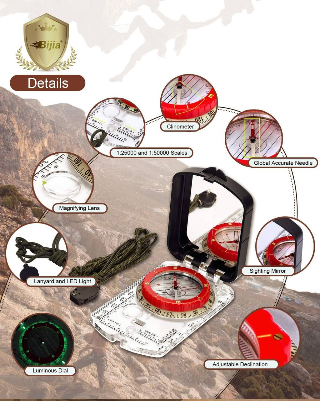 Orienteering compass with magnifying lens, sighting mirror, lanyard, and adjustable bezel