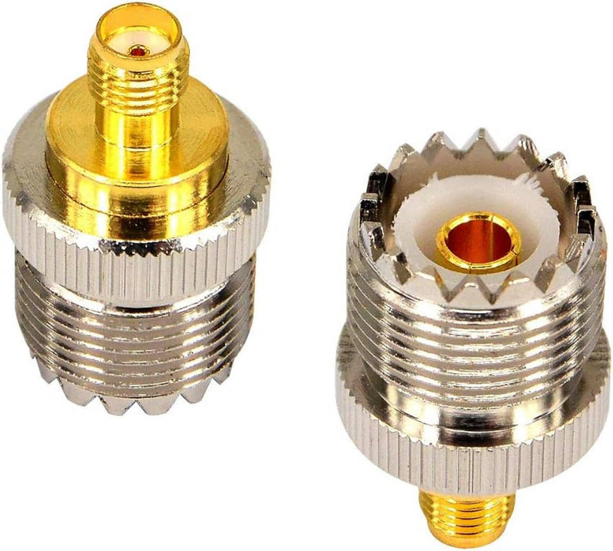 Gold-to-silver coax adapter pair with knurled collar and exposed center contact