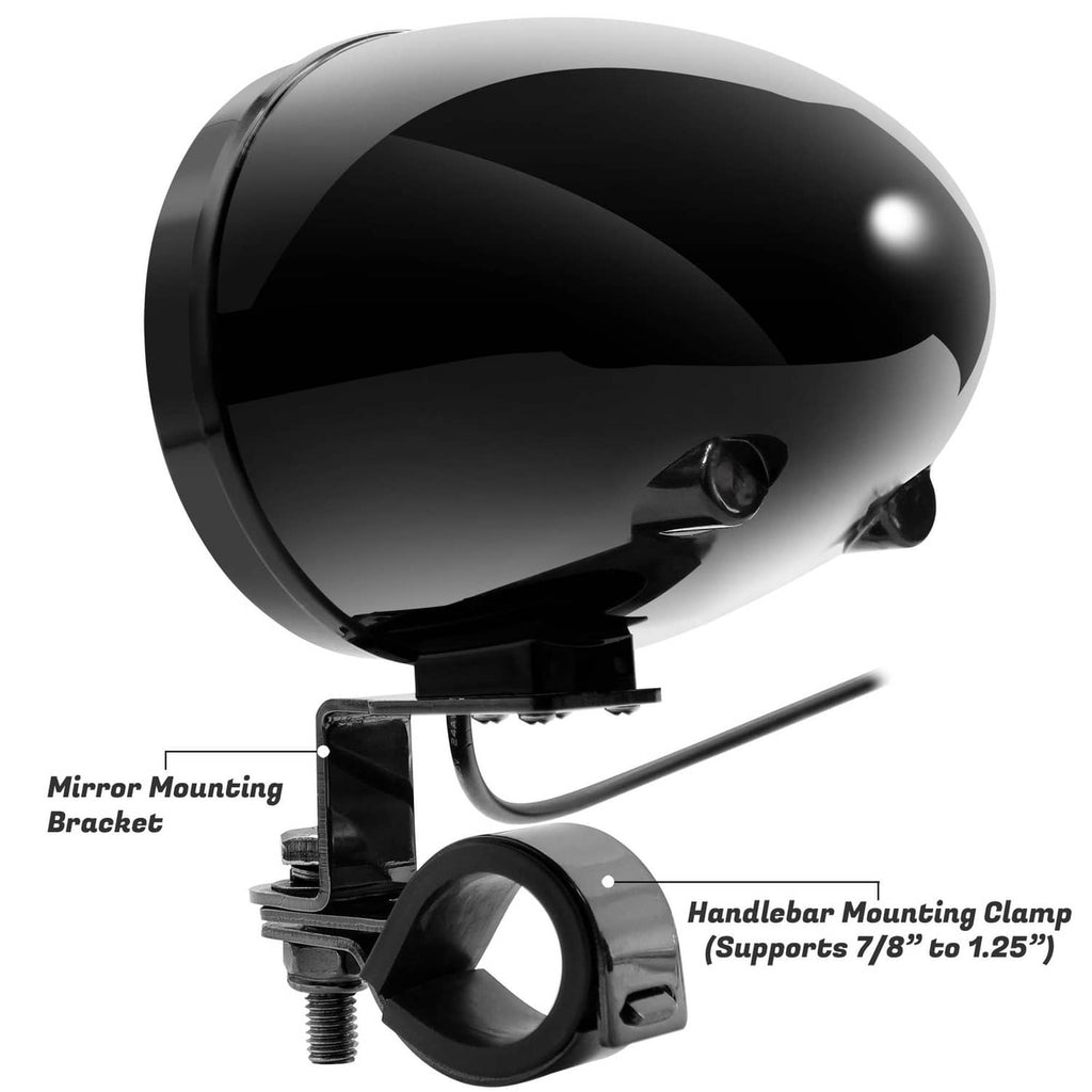 Black motorcycle speaker pod with mirror mounting bracket and handlebar clamp