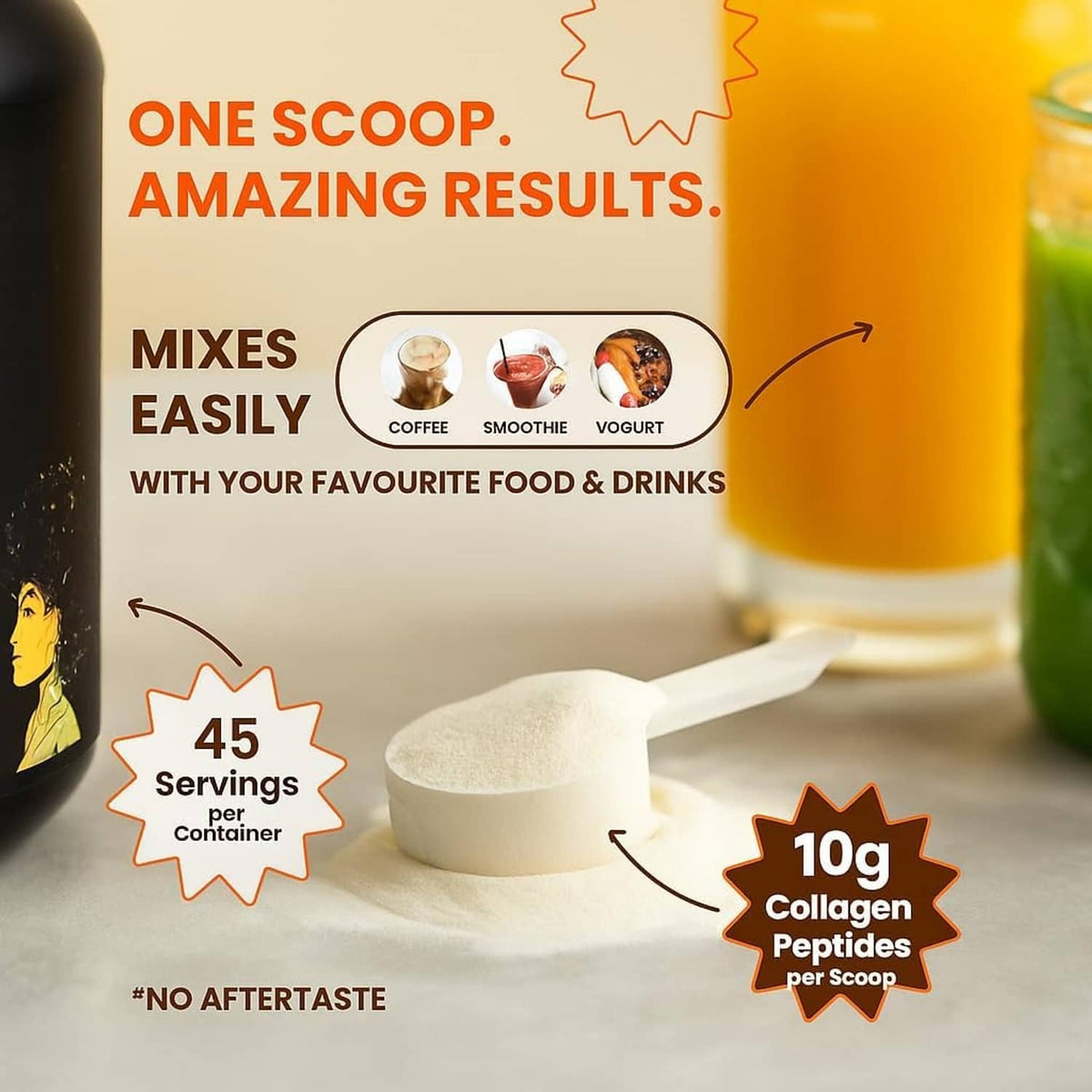 Collagen peptides powder label panel with scoop serving and 10g collagen