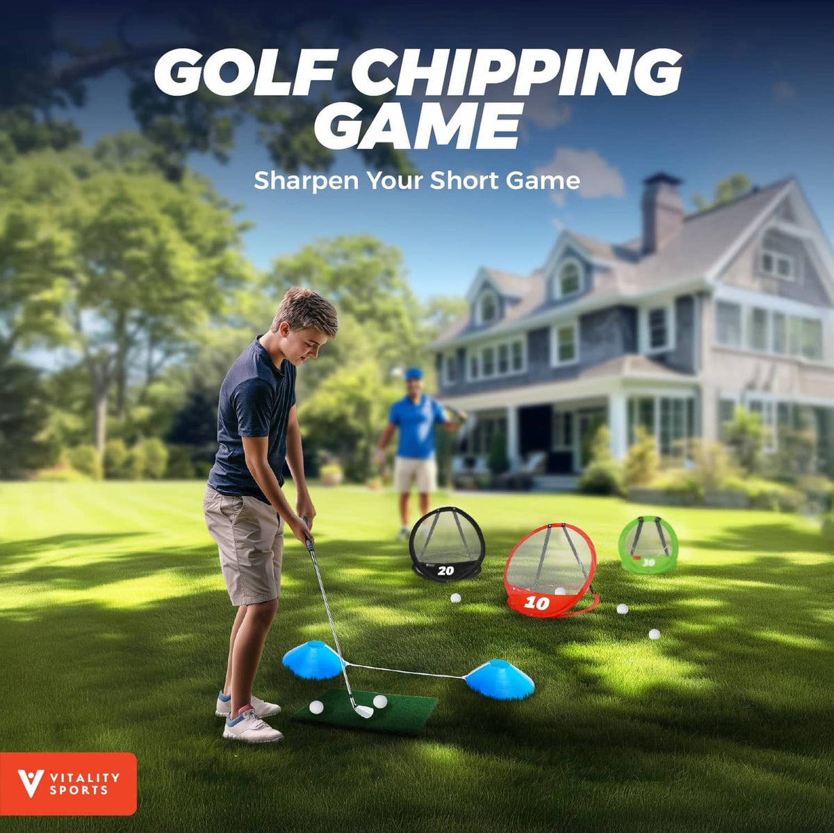 Golf chipping target net on a lawn, with red 10-point net and green 30-point net