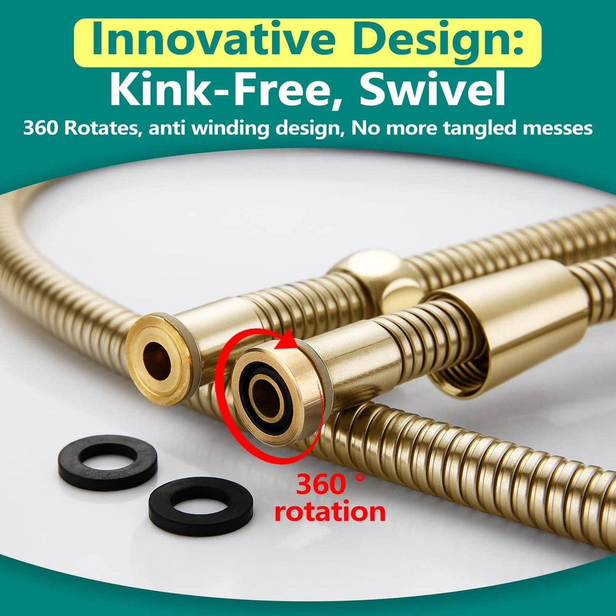Gold kink-free shower hose with swivel connector and black rubber O-ring seals