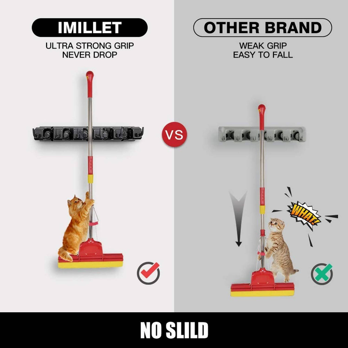 Wall-mount broom and mop holder with secure grip hooks, comparison layout