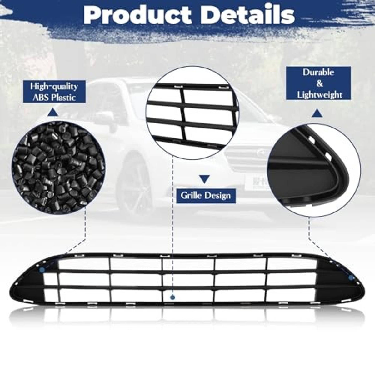 Black ABS front bumper lower grille with lightweight grid design and snap-in fit