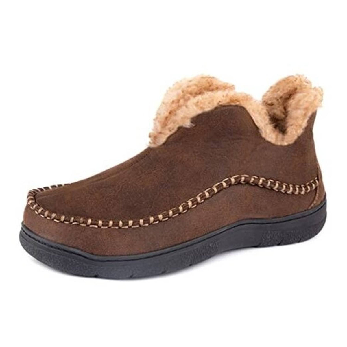 Brown moccasin bootie slippers with tan faux-fur lining and stitched moc toe