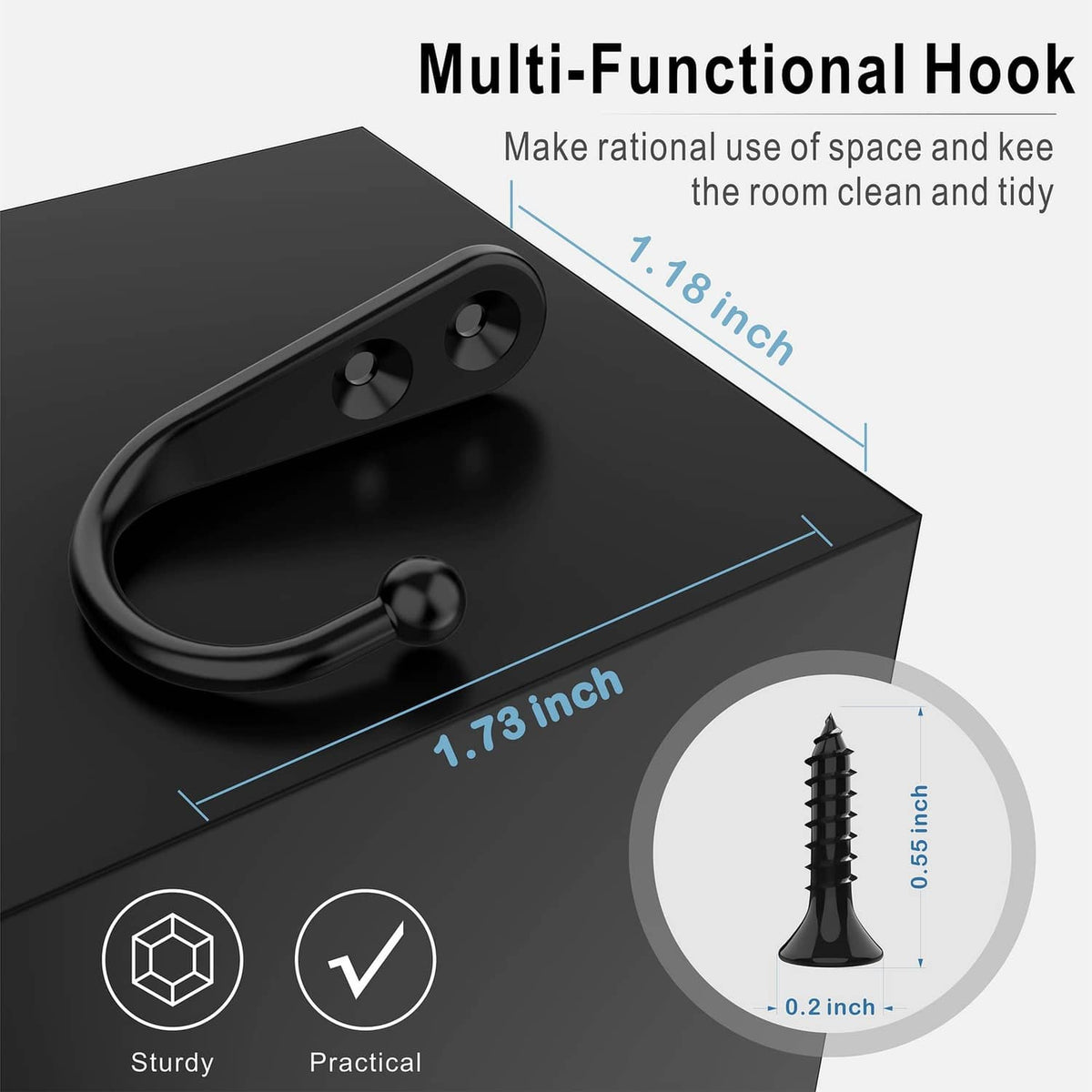 Black multi-function wall hook with double-prong curved design