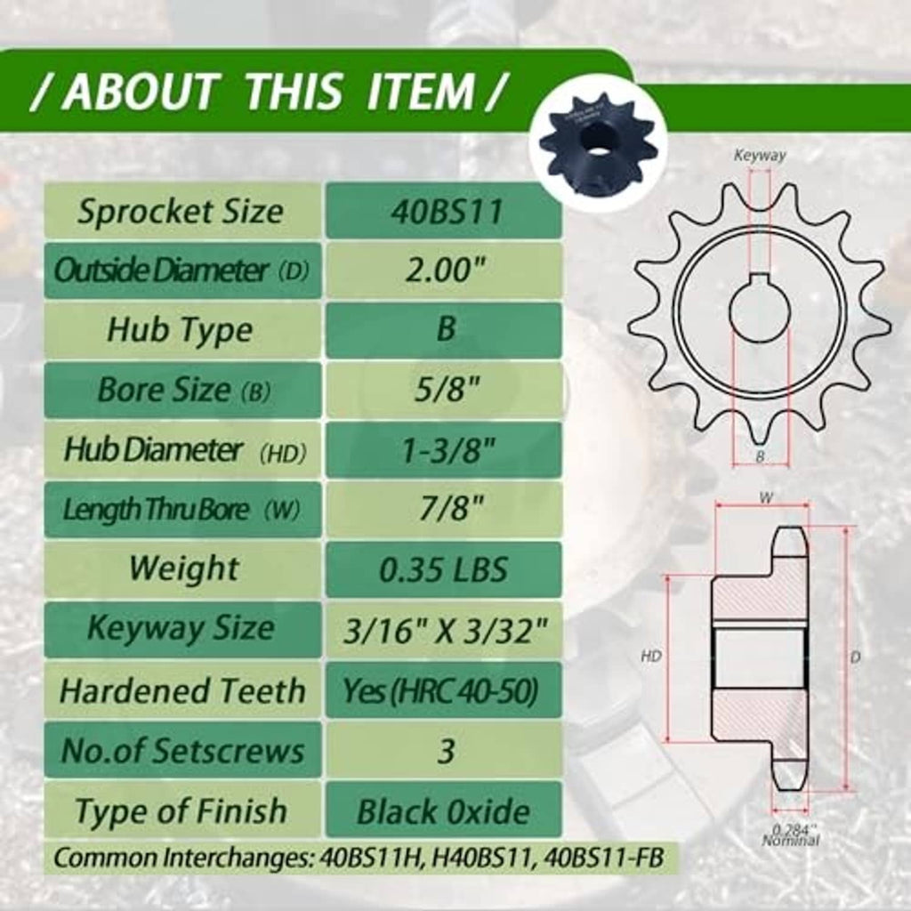 Black #40 roller chain sprocket diagram with keyway, 11 teeth, 5/8" bore