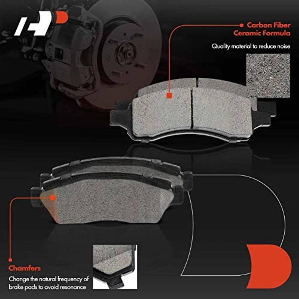 Ceramic brake pads with textured gray friction surface and mounting slots, two pieces