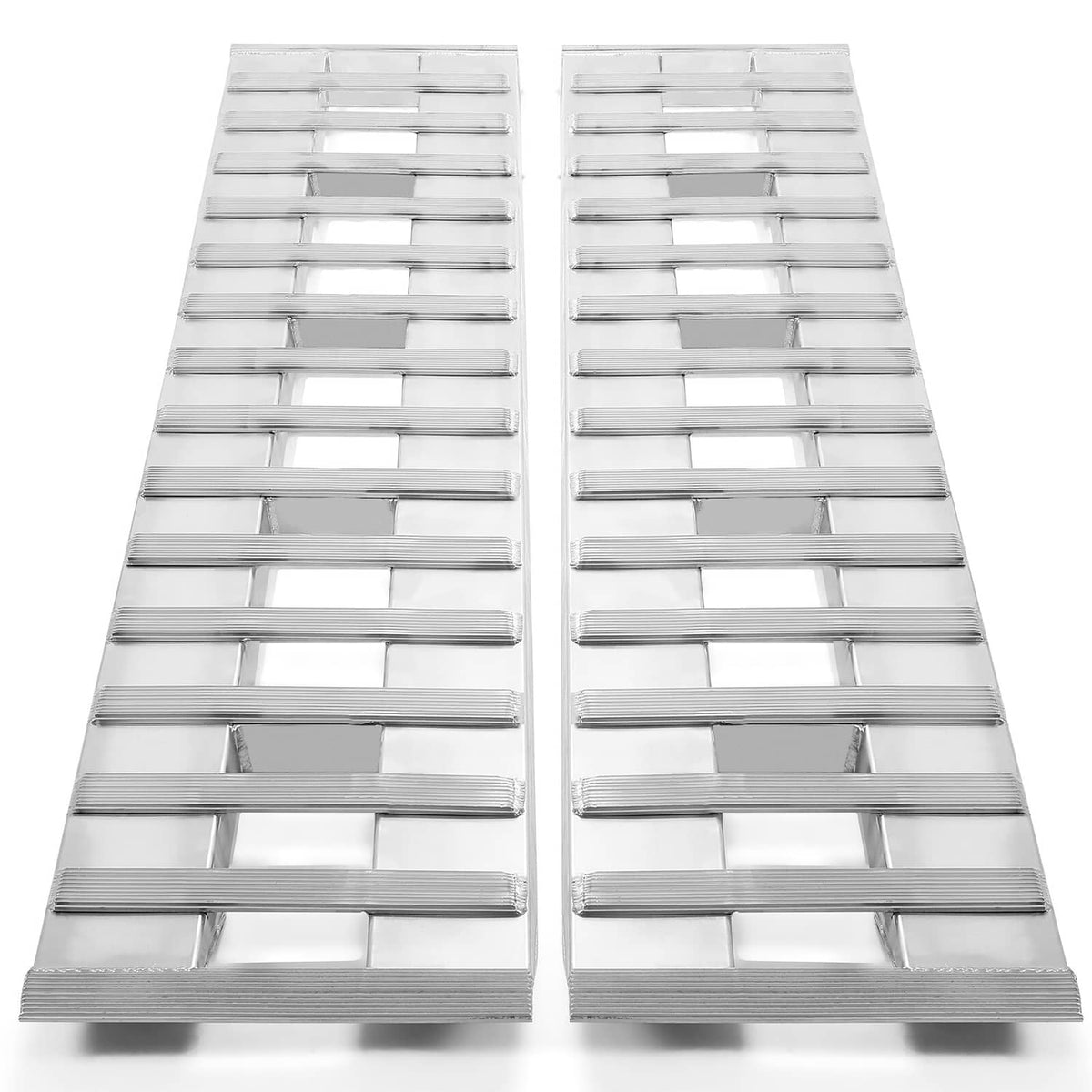 Pair of aluminum loading ramps with ribbed ladder traction surfaces