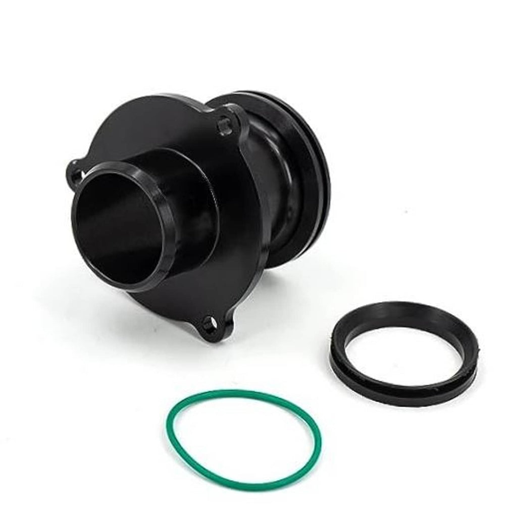 Black turbo muffler delete pipe with round flange and gasket seals, flat mounting bolts