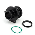 Black turbo muffler delete pipe with round flange and gasket seals, flat mounting bolts